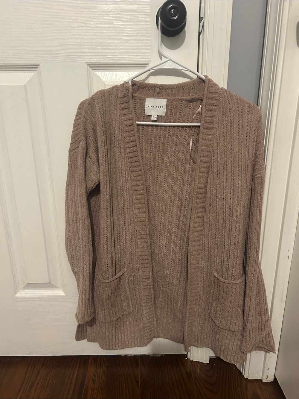 Pink Rose Open-Front Ribbed Cardigan - Taupe